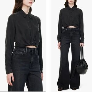 FAVORITE DAUGHTER The Knot Cropped Ruched Woven Long Sleeve Button Down Blouse